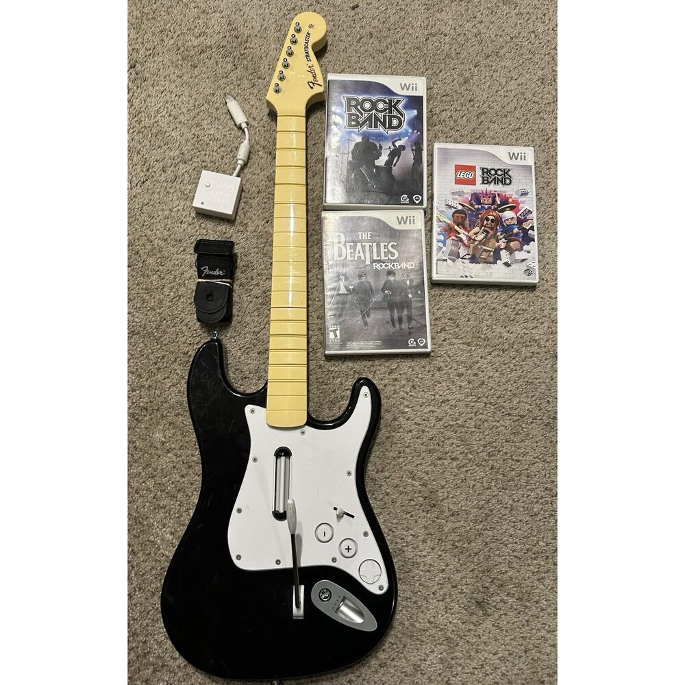 Nintendo Wii Rock Band Guitar w Dongle Strap Games RockBand Lego Beatles Tested